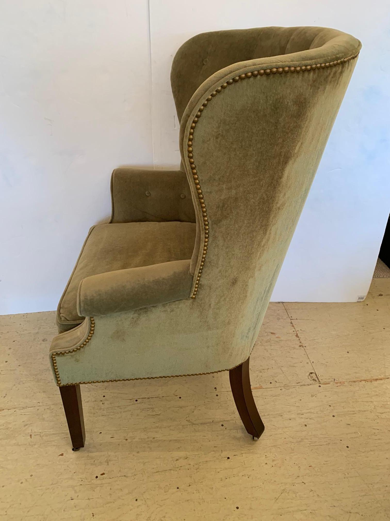 Sumptuous Vintage Tufted Sage Green Velvet Barrel Back Wing Chair 4