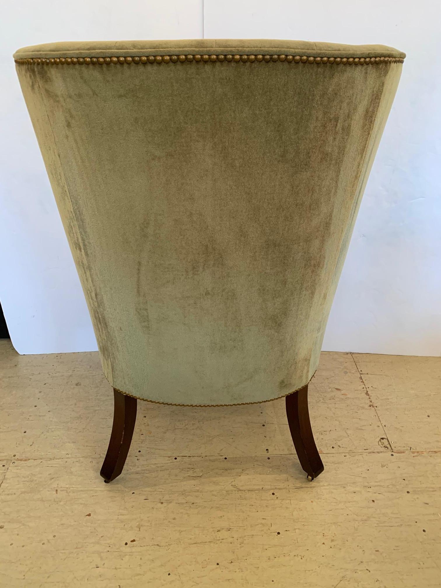 Sumptuous Vintage Tufted Sage Green Velvet Barrel Back Wing Chair 7