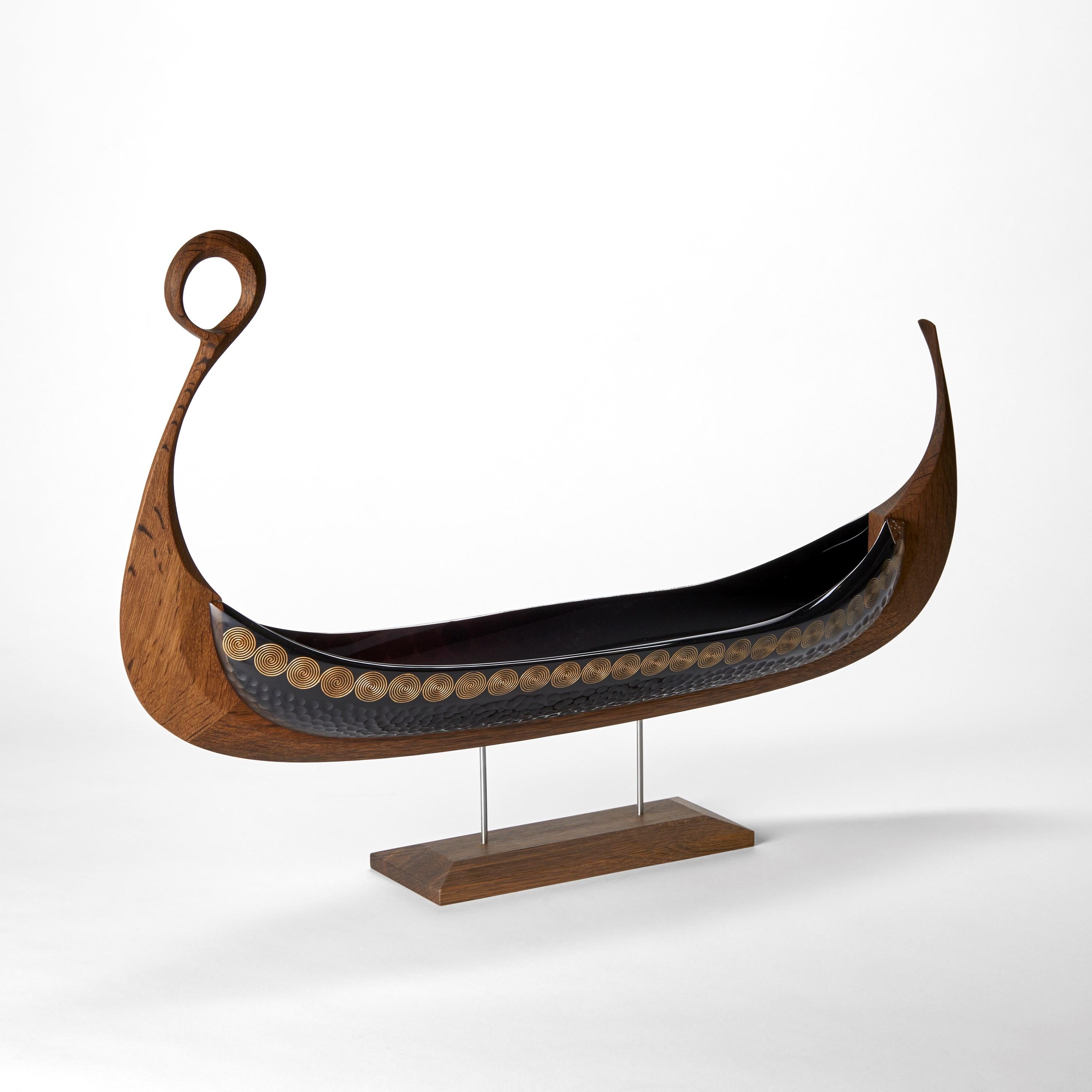 Organic Modern Sun, a cut steel blue glass & oak viking ship by Backhaus & Brown and Egeværk For Sale