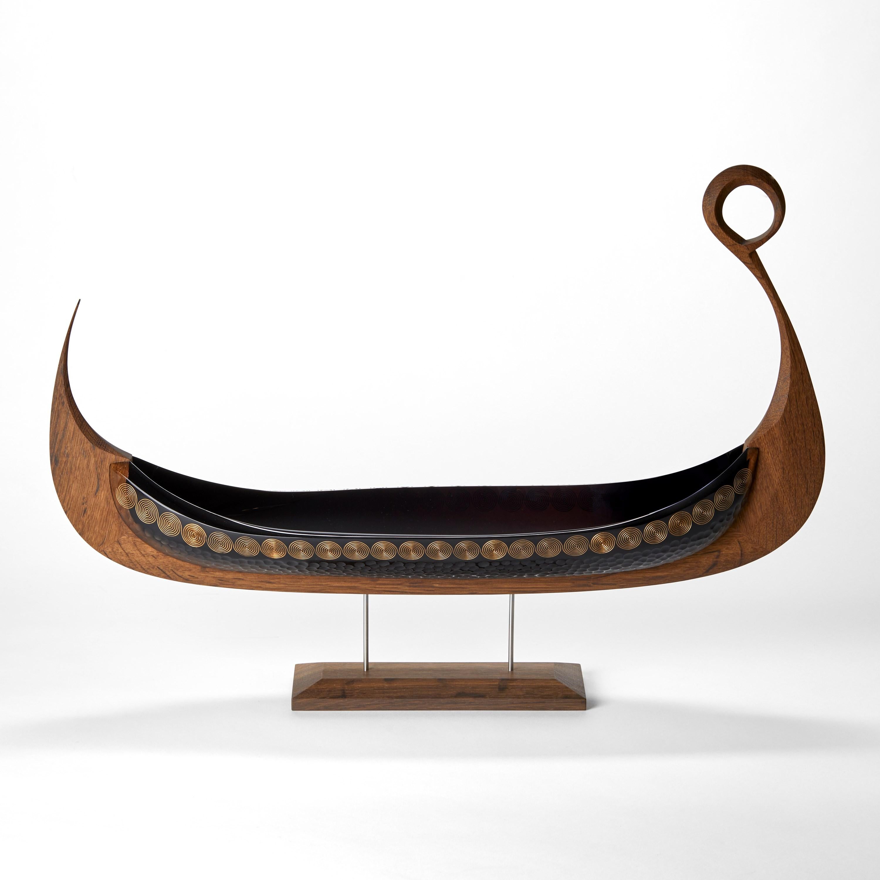 Danish Sun, a cut steel blue glass & oak viking ship by Backhaus & Brown and Egeværk For Sale