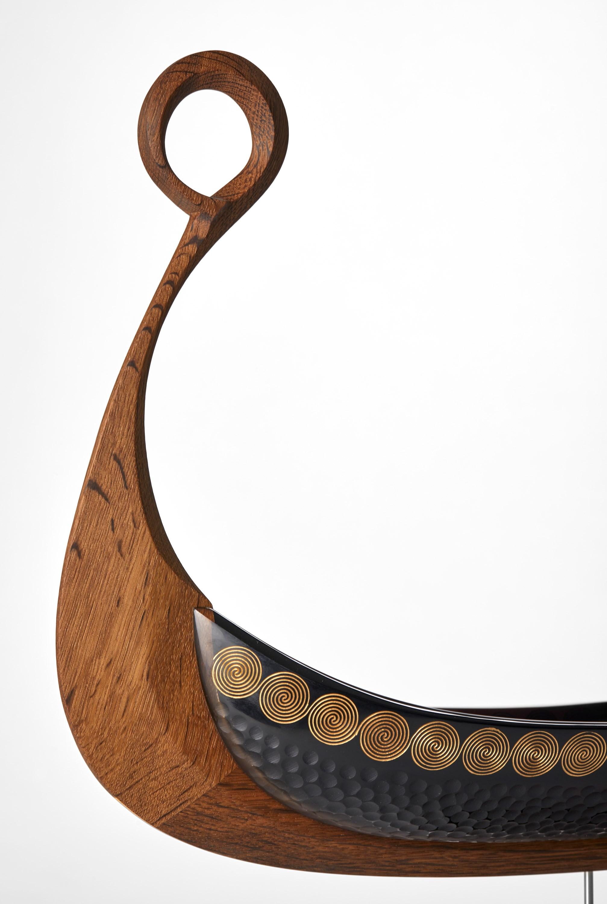 Hand-Crafted Sun, a cut steel blue glass & oak viking ship by Backhaus & Brown and Egeværk For Sale
