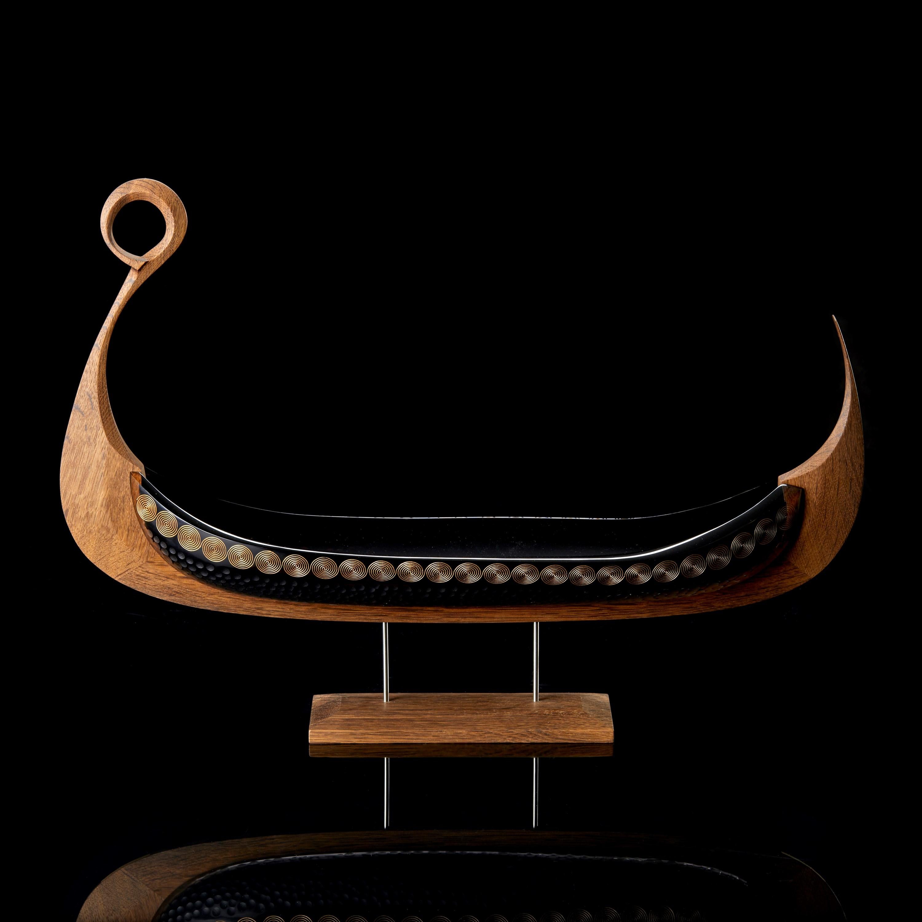 Sun, a cut steel blue glass & oak viking ship by Backhaus & Brown and Egeværk In New Condition For Sale In London, GB