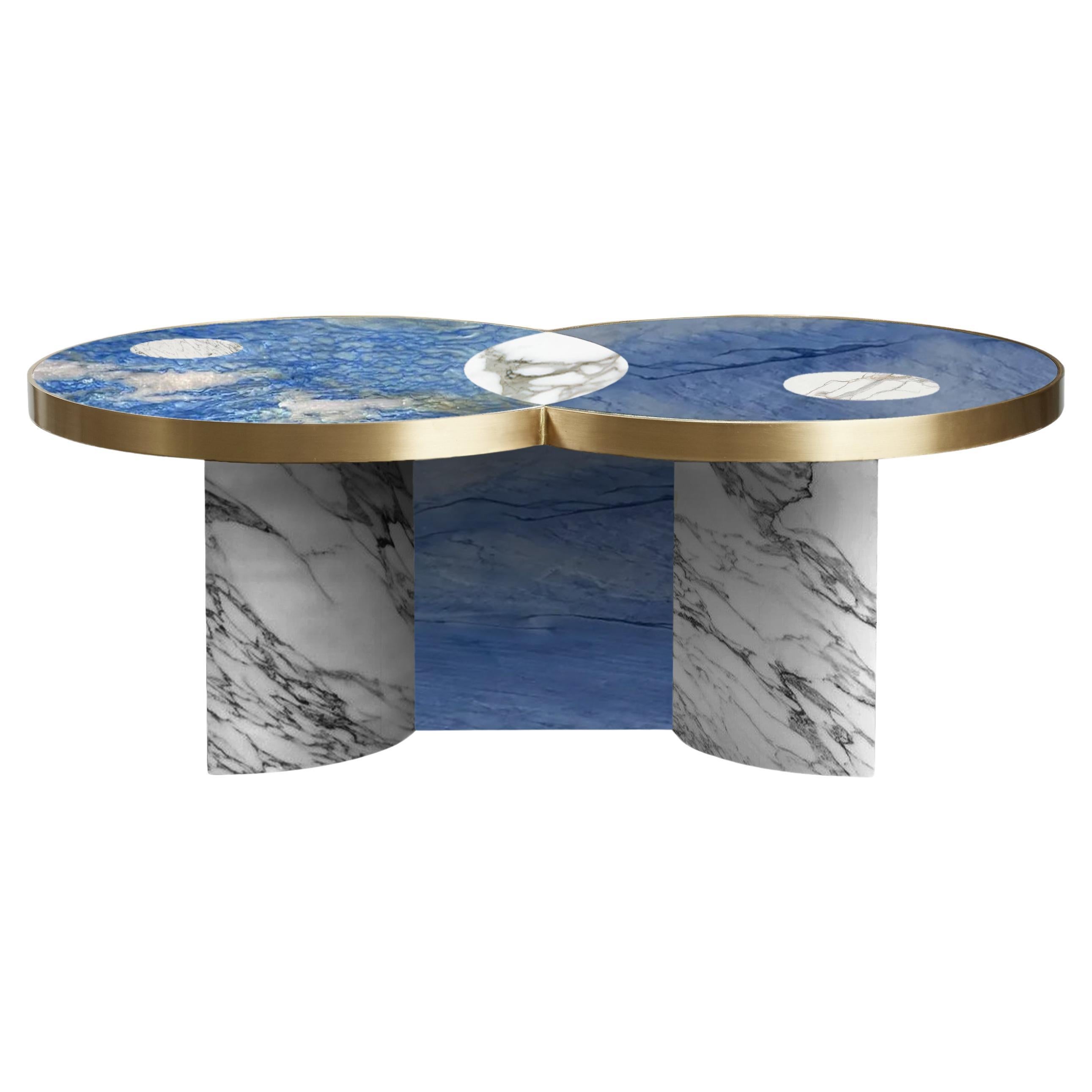 Sun and Moon Blue Marble and Brass Coffee Table Azul, by Lara Bohinc, Geometric For Sale