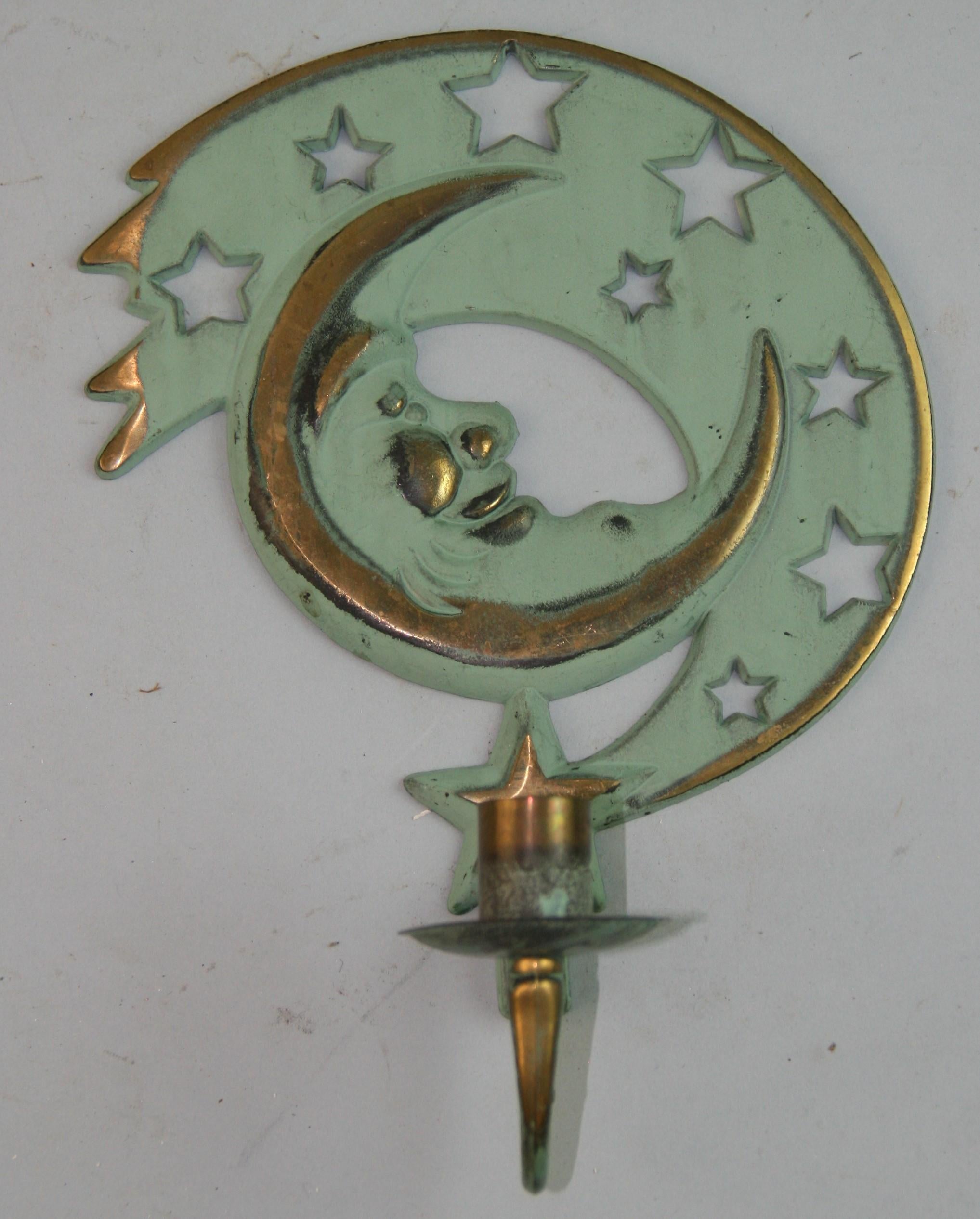 Sun and Moon Brass Candle Sconces In Good Condition For Sale In Douglas Manor, NY