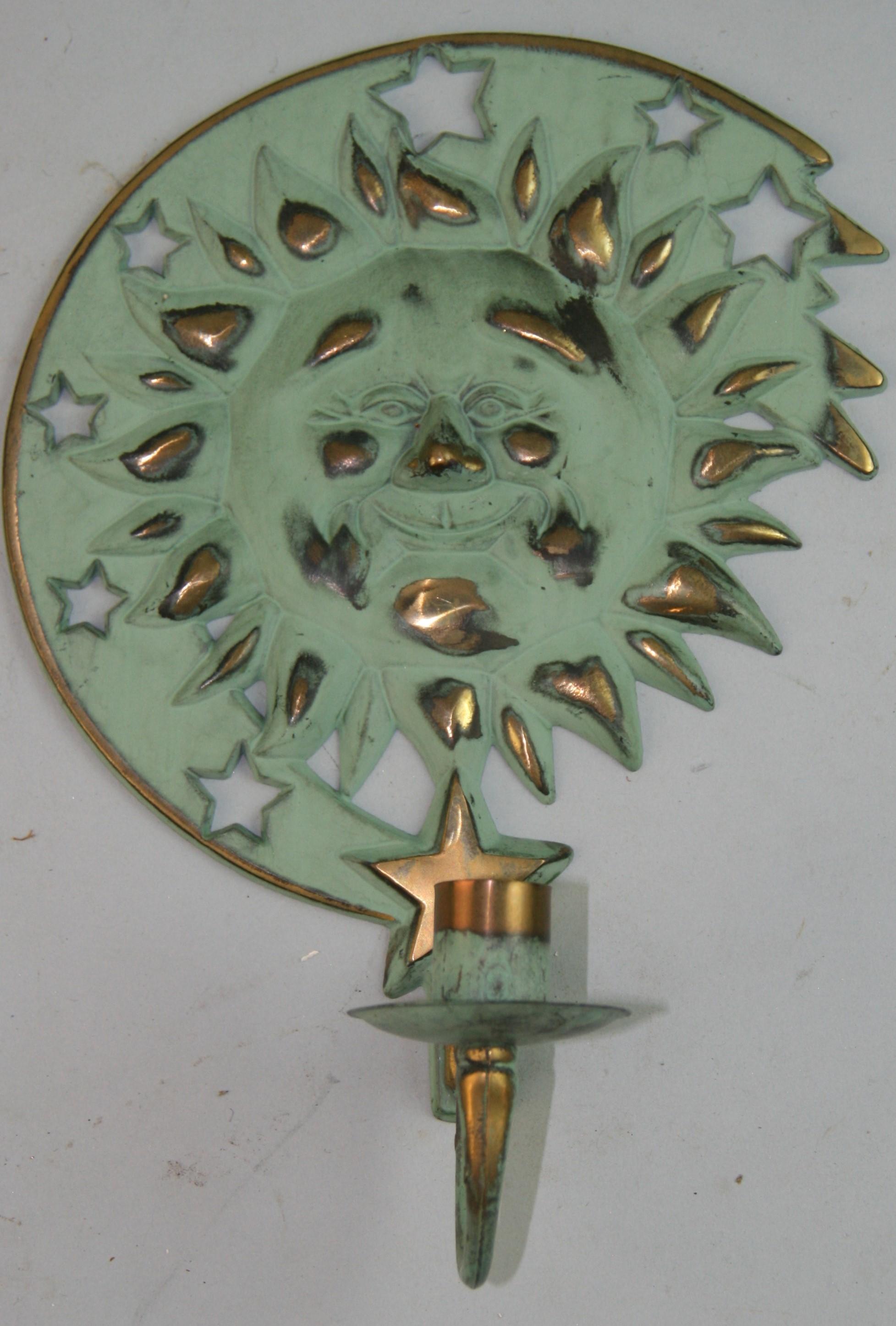 Late 20th Century Sun and Moon Brass Candle Sconces For Sale
