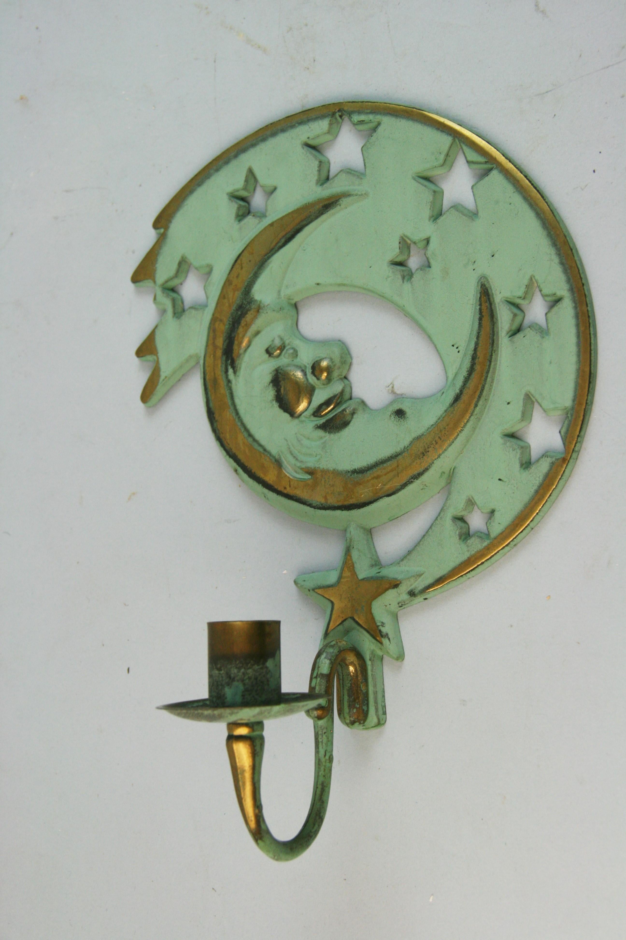 Sun and Moon Brass Candle Sconces For Sale 3