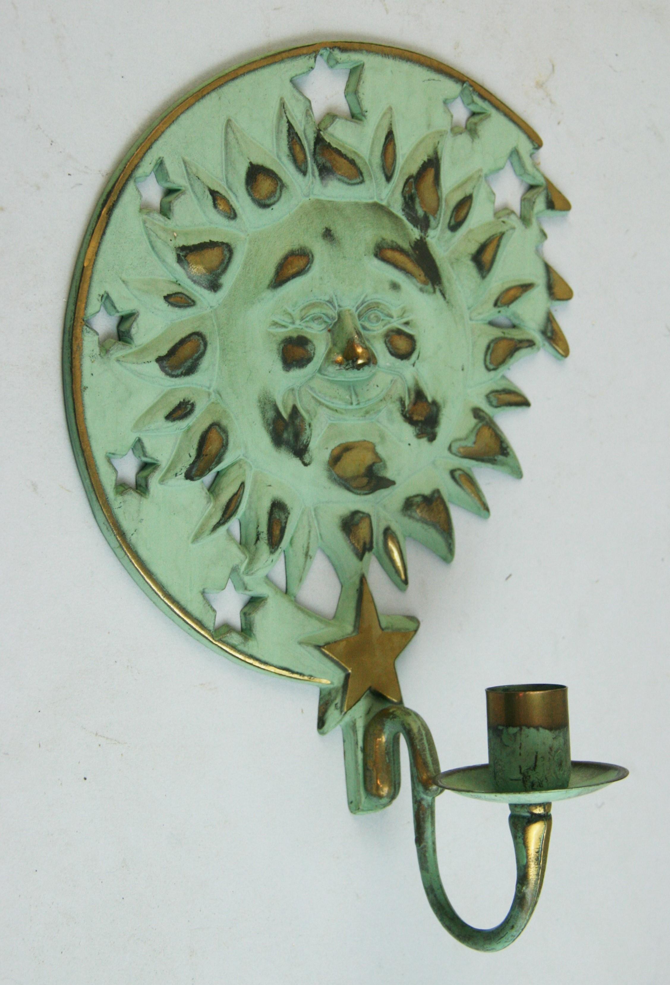 Sun and Moon Brass Candle Sconces For Sale 4