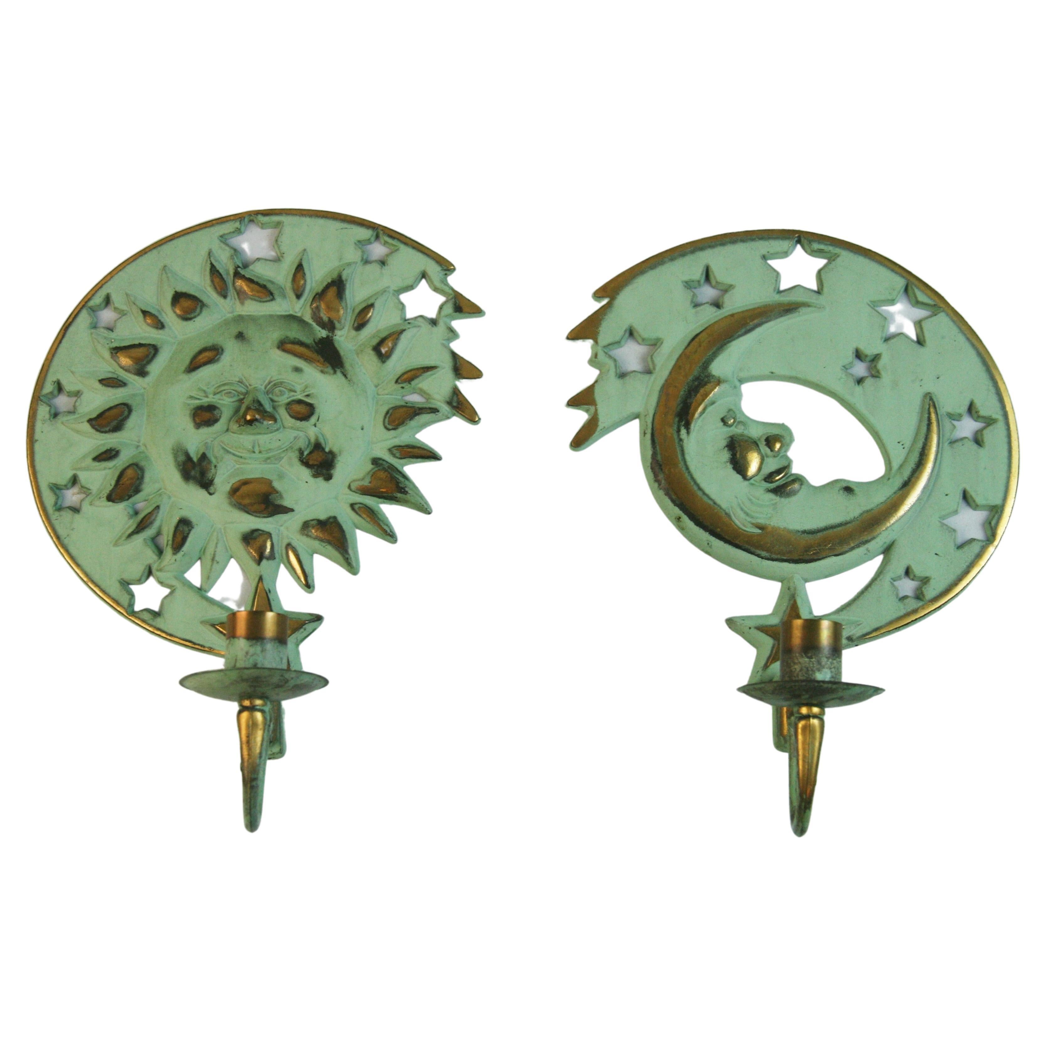 Sun and Moon Brass Candle Sconces For Sale