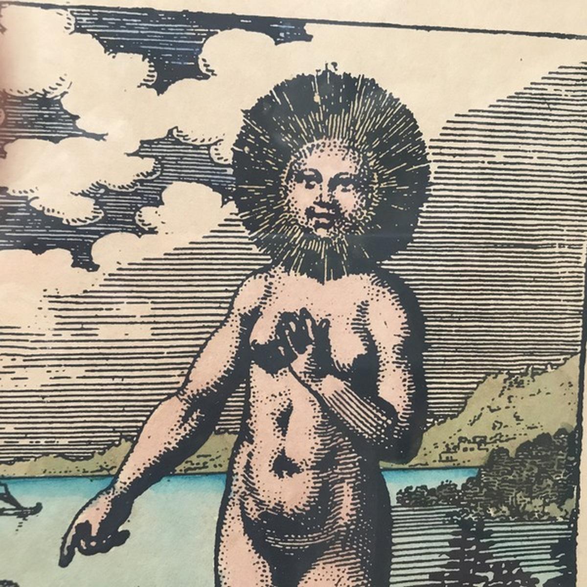 This lithograph is a part of the series of Alchemical Tablets by Vincenzo Marano. It depicts the Sun and the Moon apart from each other by the sea above a creek where a boat passes. The Moon points at a rooster standing in between them.

Vincenzo