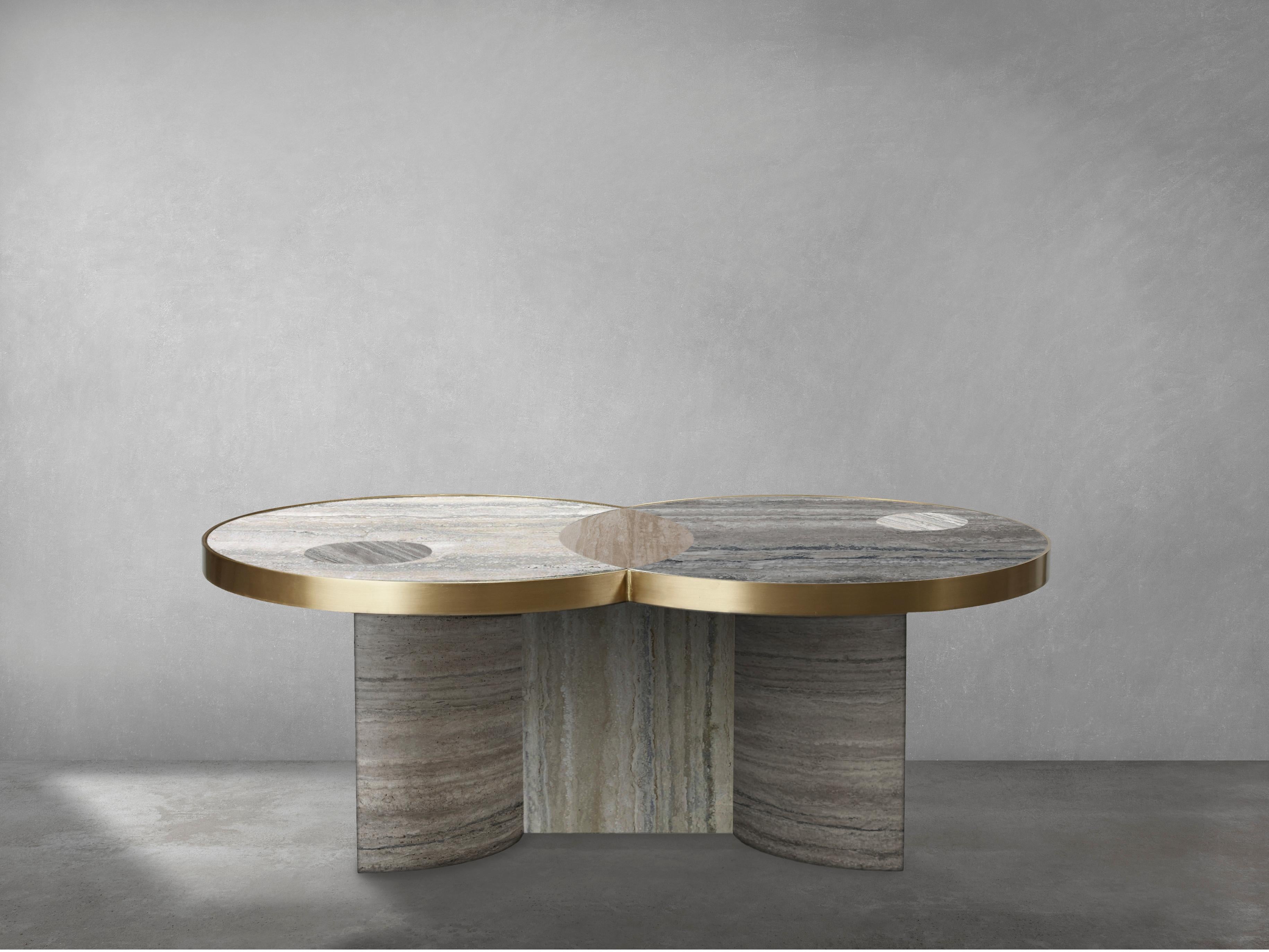 Portuguese Sun and Moon Marble and Brass Coffee Table, Travertine, Geometric by Lara Bohinc For Sale