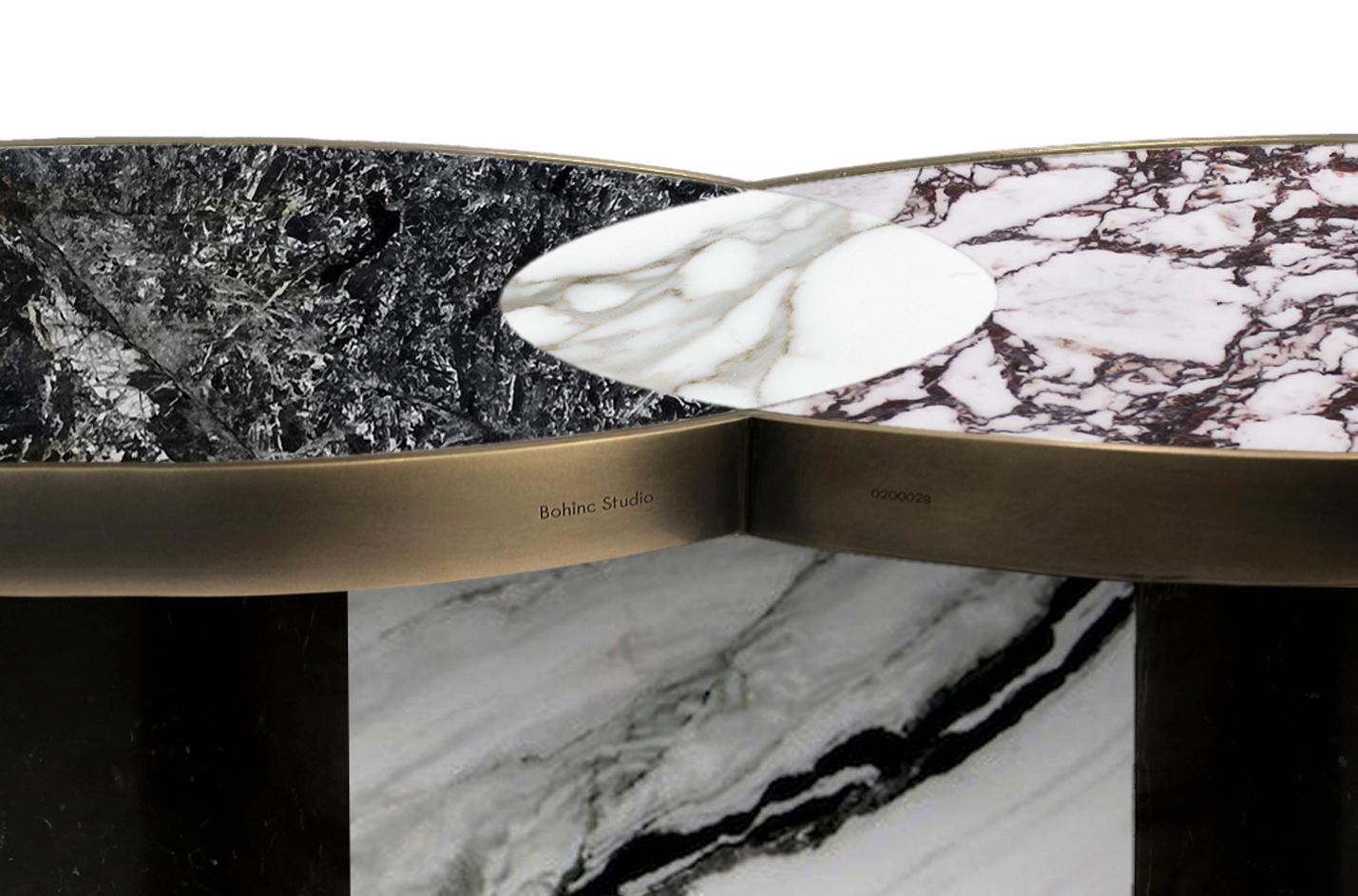 Modern Sun and Moon Marble and Brass Coffee Table, Travertine, Geometric by Lara Bohinc For Sale