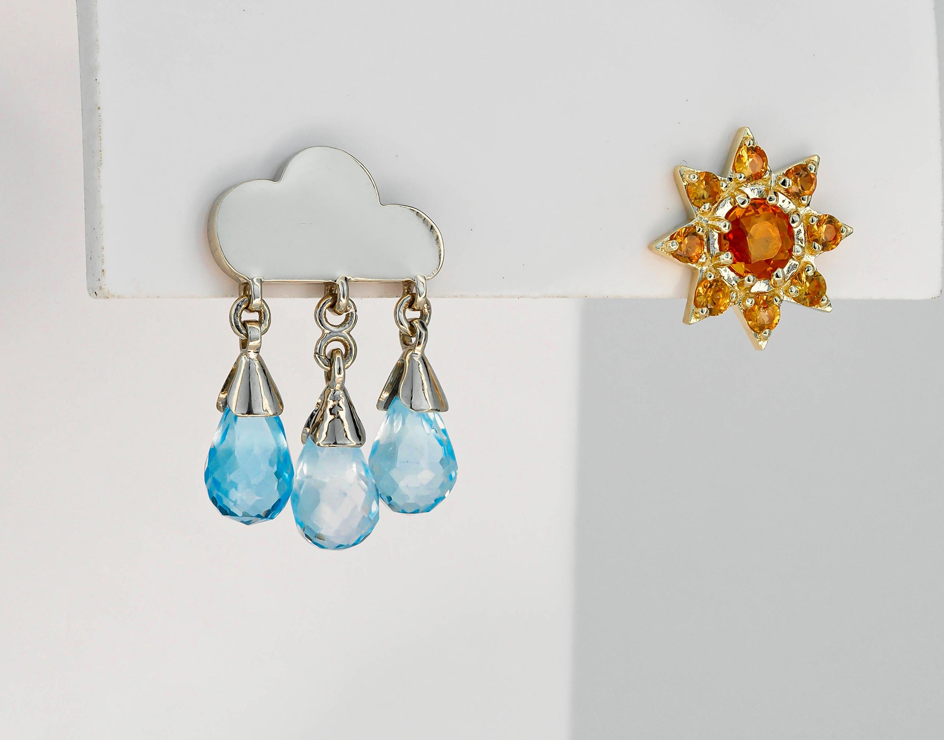 Modern Sun and Rain Cloud 14 Karat Gold Earrings Studs, Orange Sapphire Studs For Sale