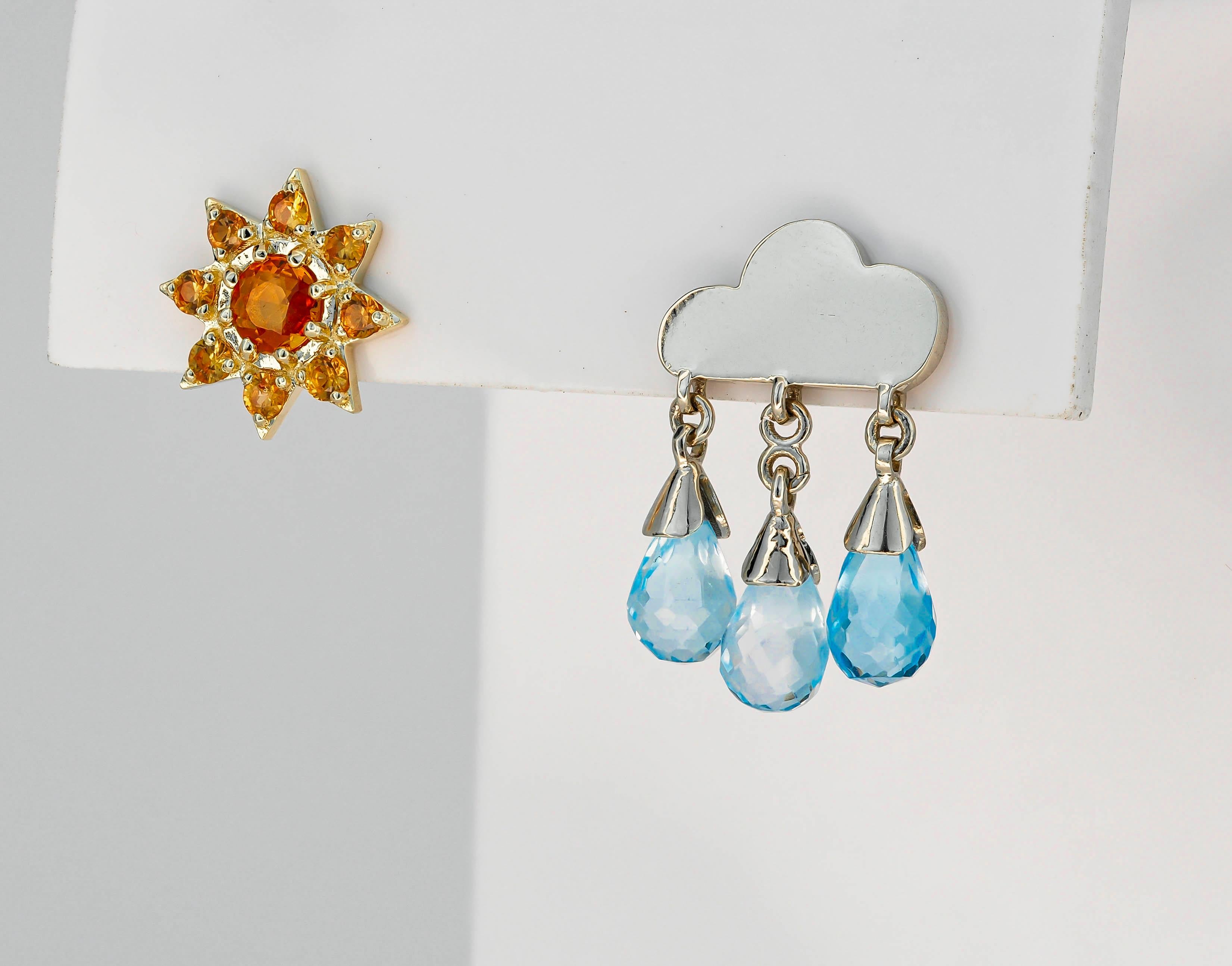 Briolette Cut Sun and Rain Cloud 14 Karat Gold Earrings Studs, Orange Sapphire Studs For Sale