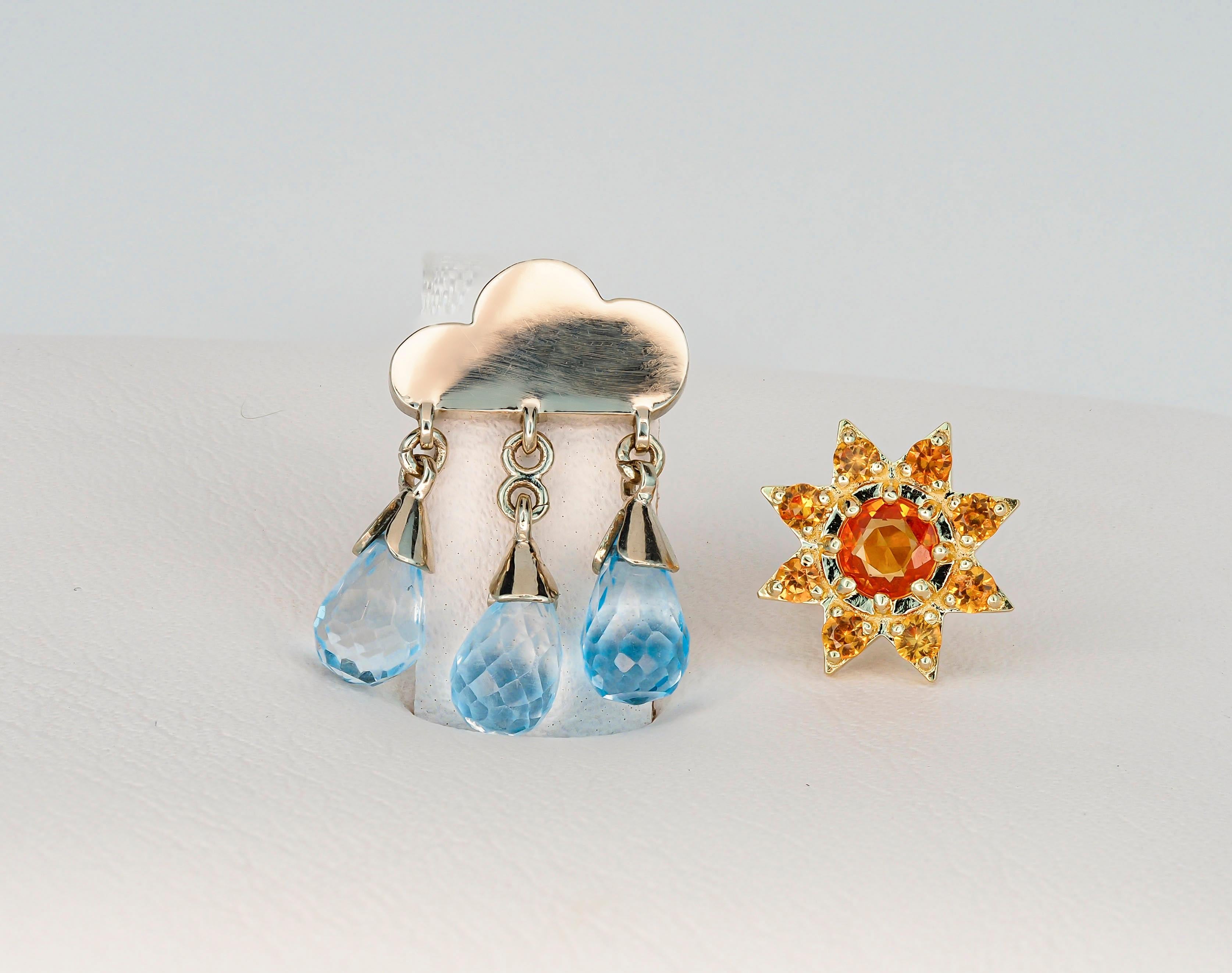 Sun and Rain Cloud 14 Karat Gold Earrings Studs, Orange Sapphire Studs For Sale 1