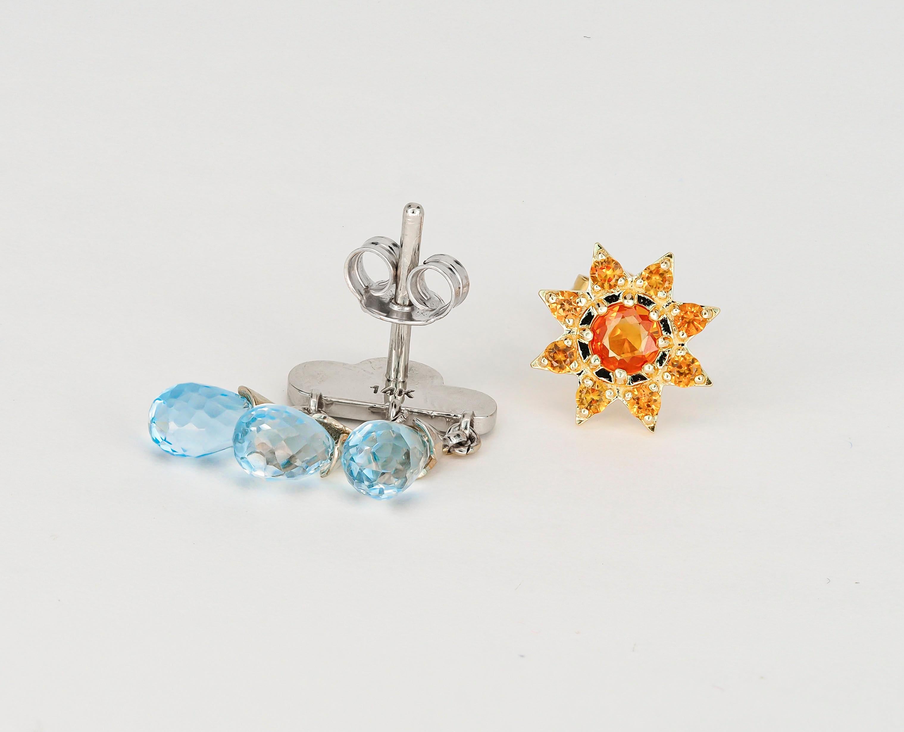 Sonnen- und Regenwolle-Ohrstecker aus 14 Karat Gold, Ohrstecker mit orangefarbenem Saphir 2