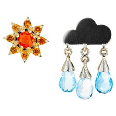 Sun and Rain Cloud 14 Karat Gold Earrings Studs, Orange Sapphire Studs