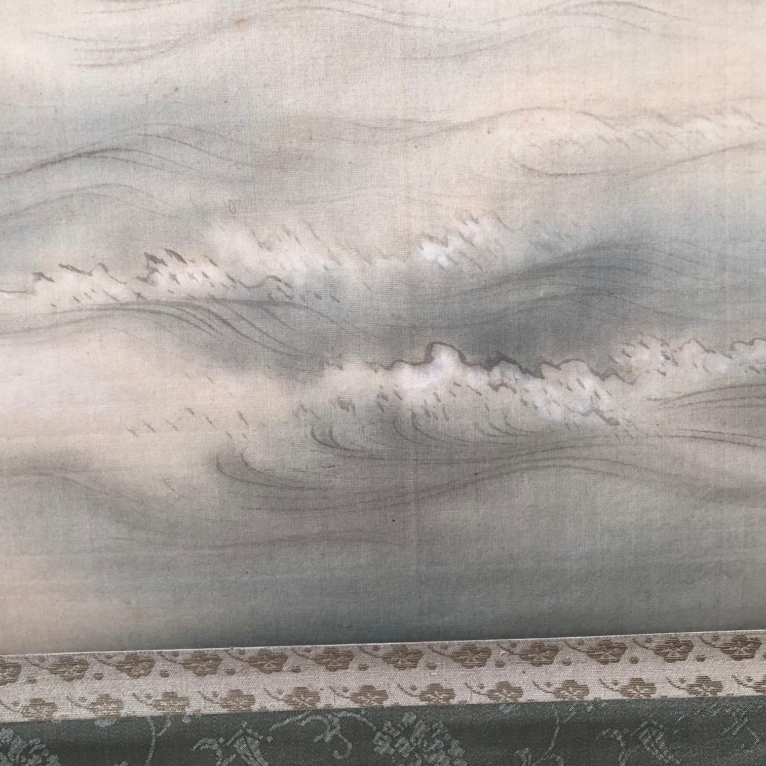  Sun and Waves Japanese Antique Hand-Painted Silk Scroll, Meiji 19th Century 3