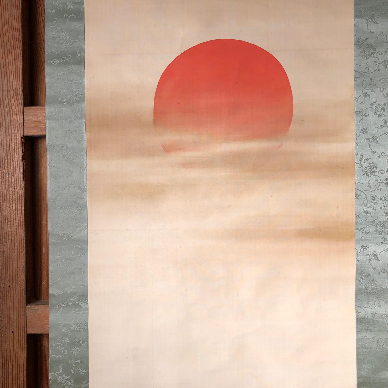  Sun and Waves Japanese Antique Hand-Painted Silk Scroll, Meiji 19th Century 5