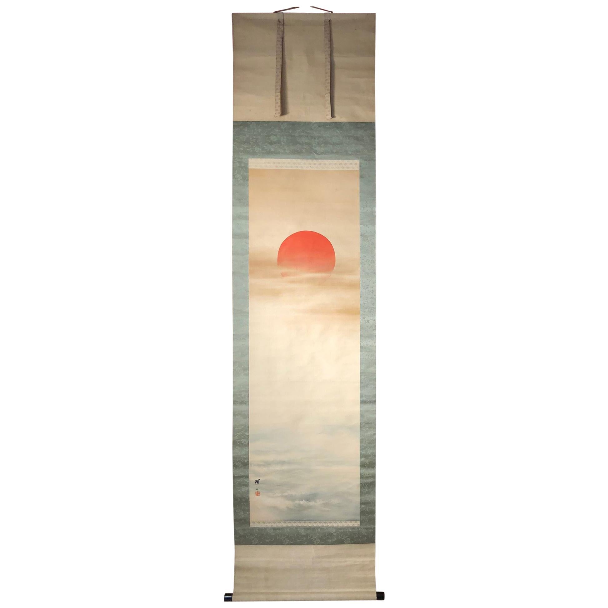  Sun and Waves Japanese Antique Hand-Painted Silk Scroll, Meiji 19th Century