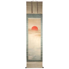  Sun and Waves Japanese Antique Hand-Painted Silk Scroll, Meiji 19th Century