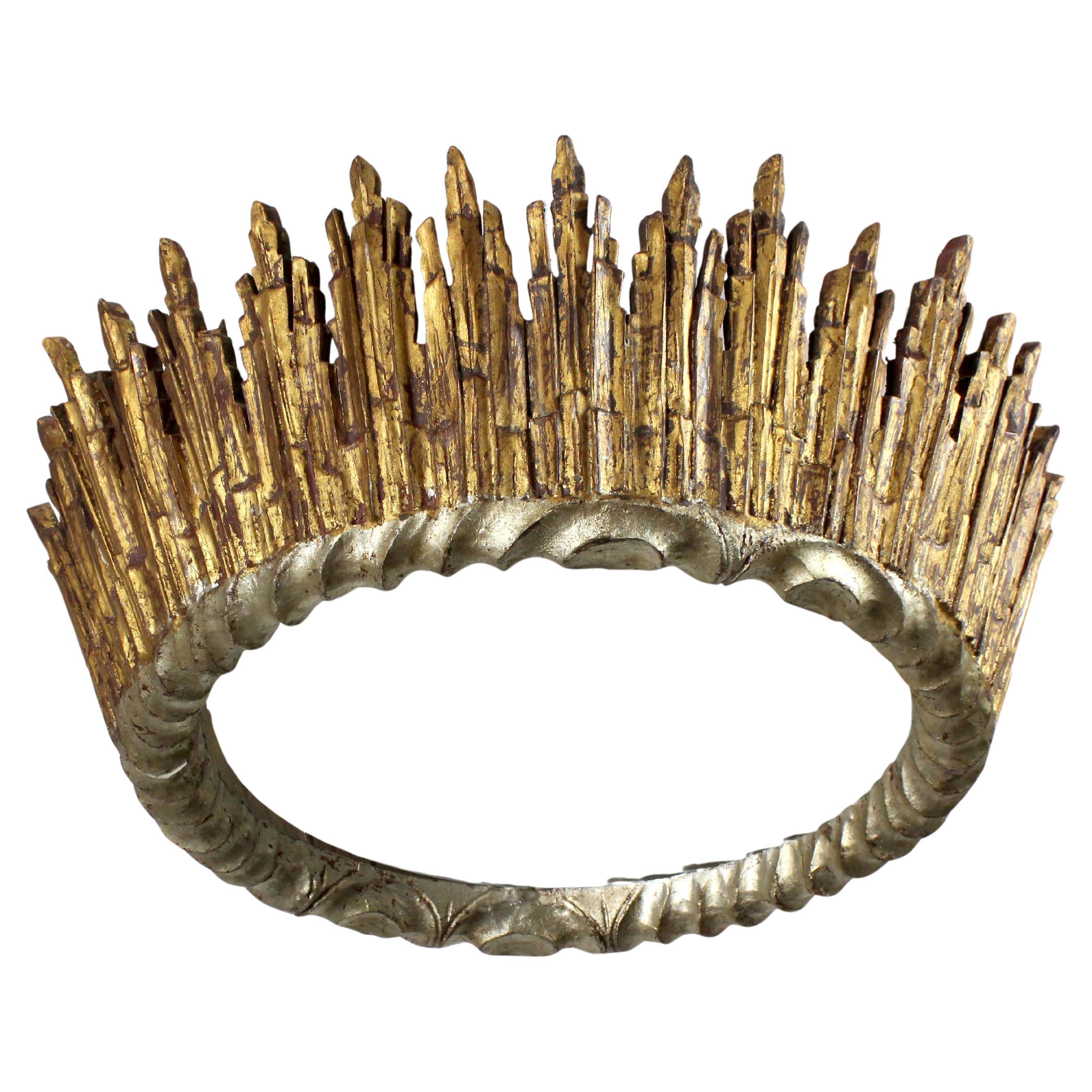 "Sun" ceiling lamp, carved in gilded and silver-plated wood with an acid-etched For Sale