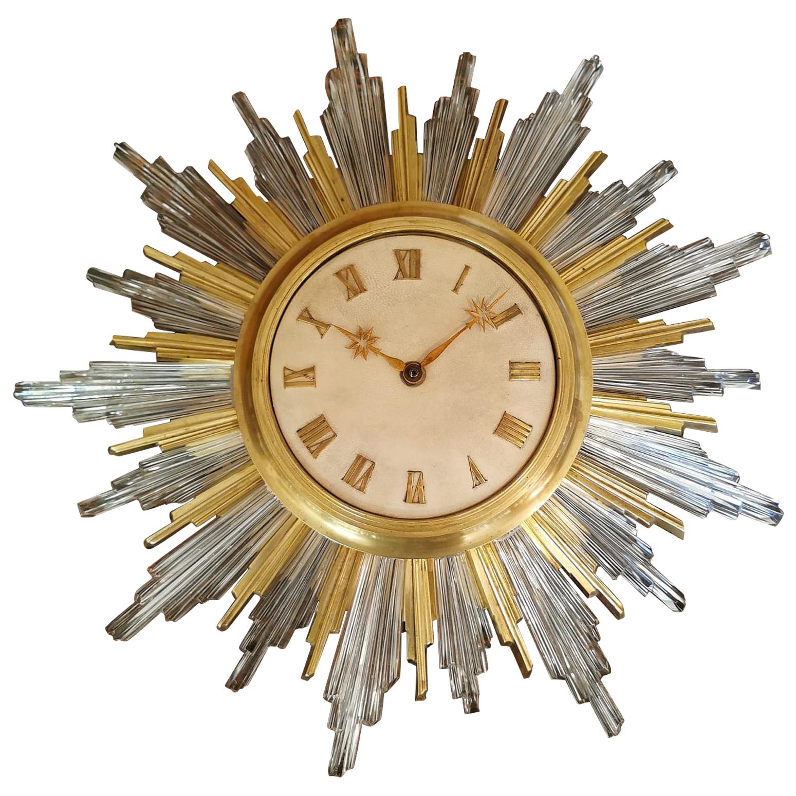 Sun Clock Bronze Dore Crystal Parchment, circa 1940 by bagues For Sale