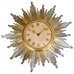 Retro Sun Clock Bronze Dore Crystal Parchment, circa 1940 by bagues