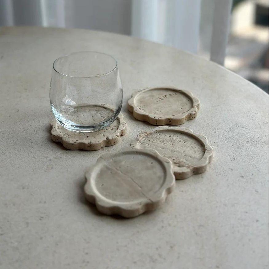 Organic Modern Sun Coaster: Set of 4 Coasters in Beige Travertine by Anastasio Home For Sale