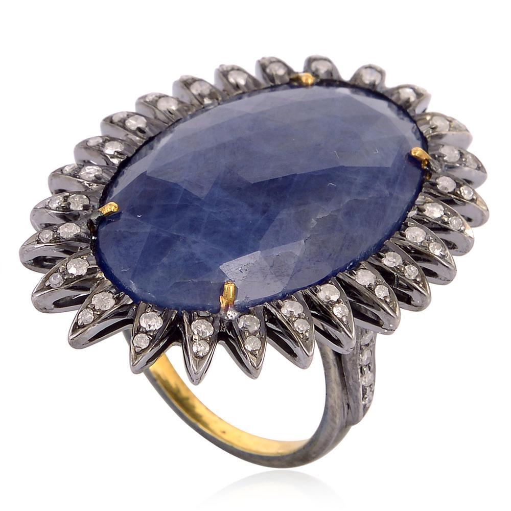 Artisan Sun Design Sliced Sapphire Ring with Diamonds in 18k Gold and Silver For Sale