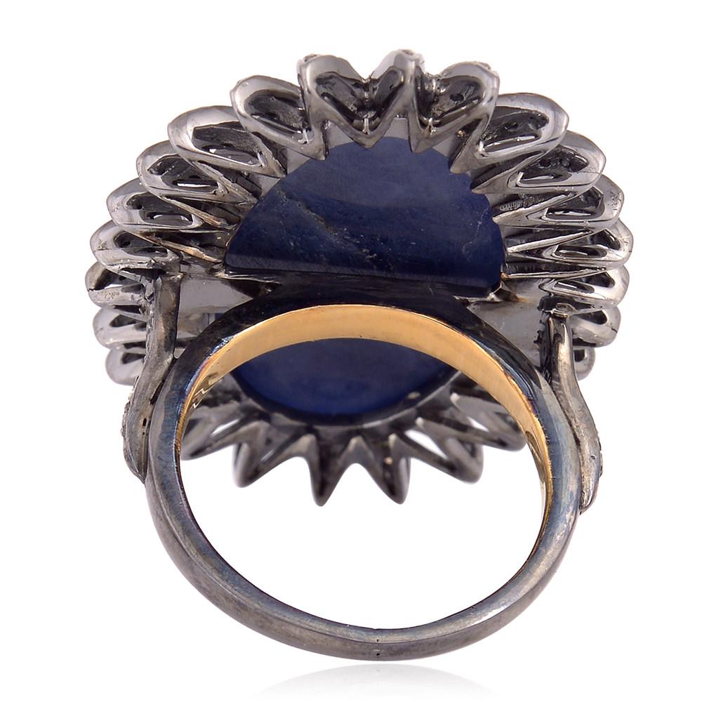 Mixed Cut Sun Design Sliced Sapphire Ring with Diamonds in 18k Gold and Silver For Sale