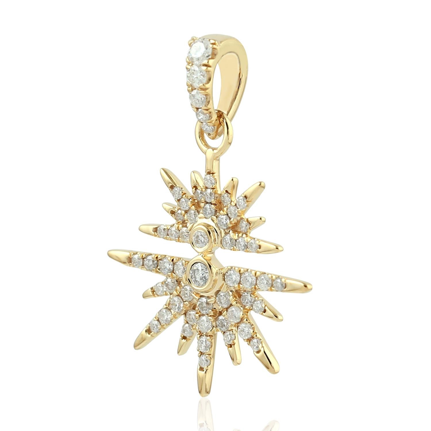 Modern Sun Diamond 14 Karat Gold Reflection Pendant Necklace For Sale