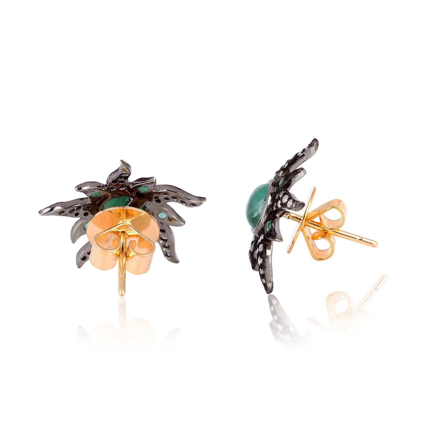 Modern Sun Emerald Diamond Stud Earrings For Sale