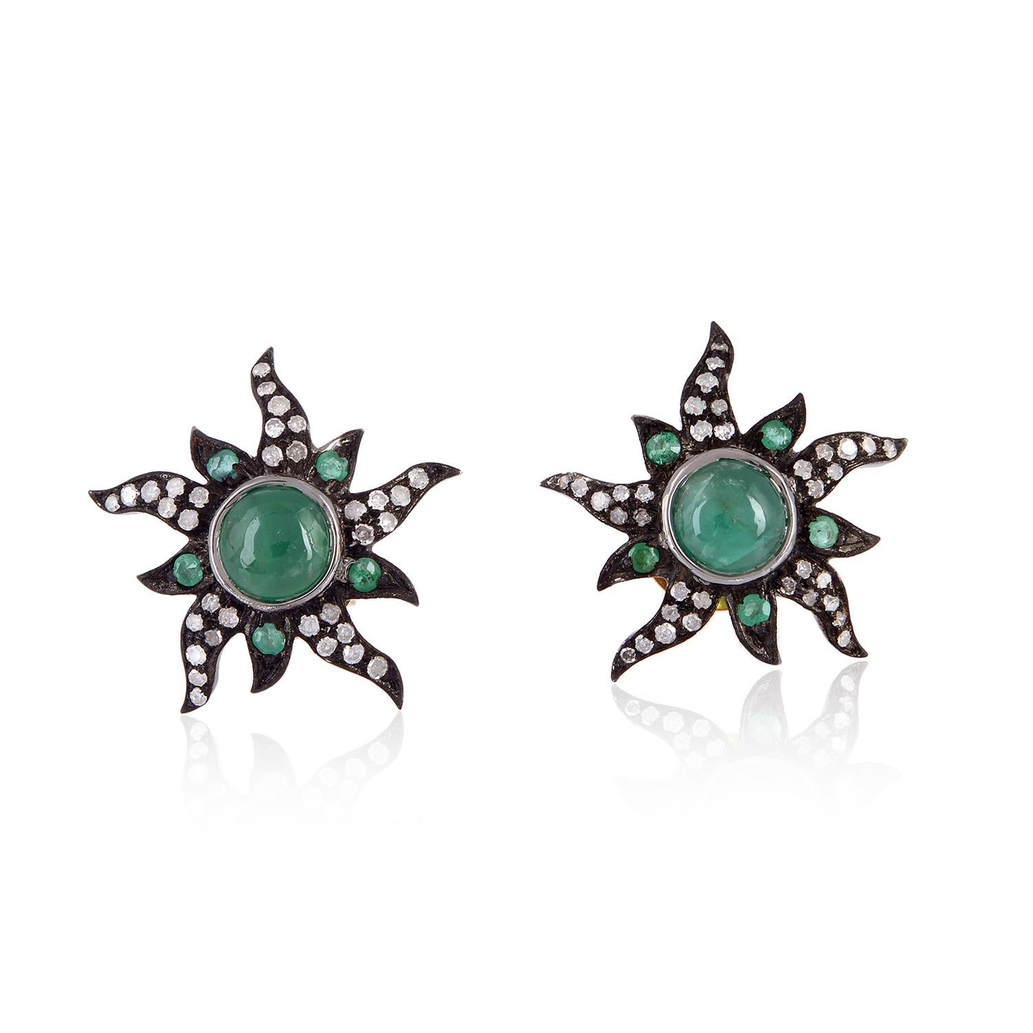 Cabochon Sun Emerald Diamond Stud Earrings For Sale
