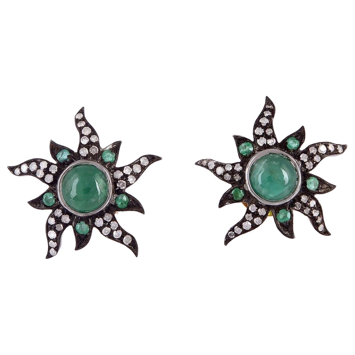 Sun Emerald Diamond Stud Earrings For Sale