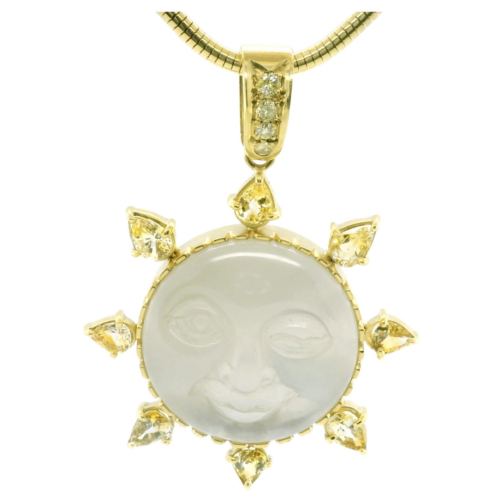 Sun Face Quartz Carving, Yellow Sapphire, Diamond Pendant in 18K Yellow Gold