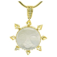 Sun Face Quartz Carving, Yellow Sapphire, Diamond Pendant in 18K Yellow Gold