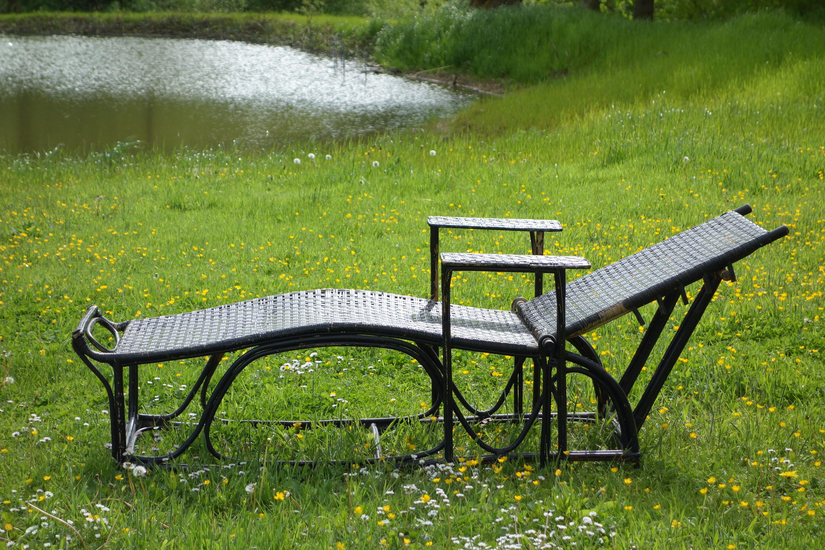 Danish Sun Lounger with Black Colored Cane and Rattan For Sale