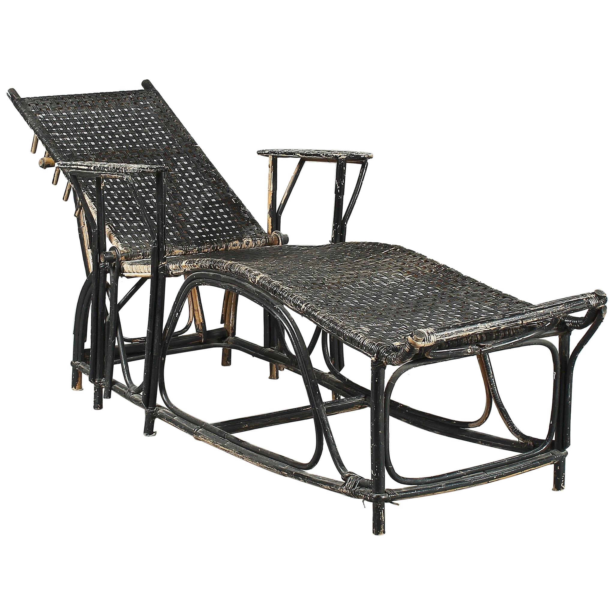 Sun Lounger with Black Colored Cane and Rattan For Sale