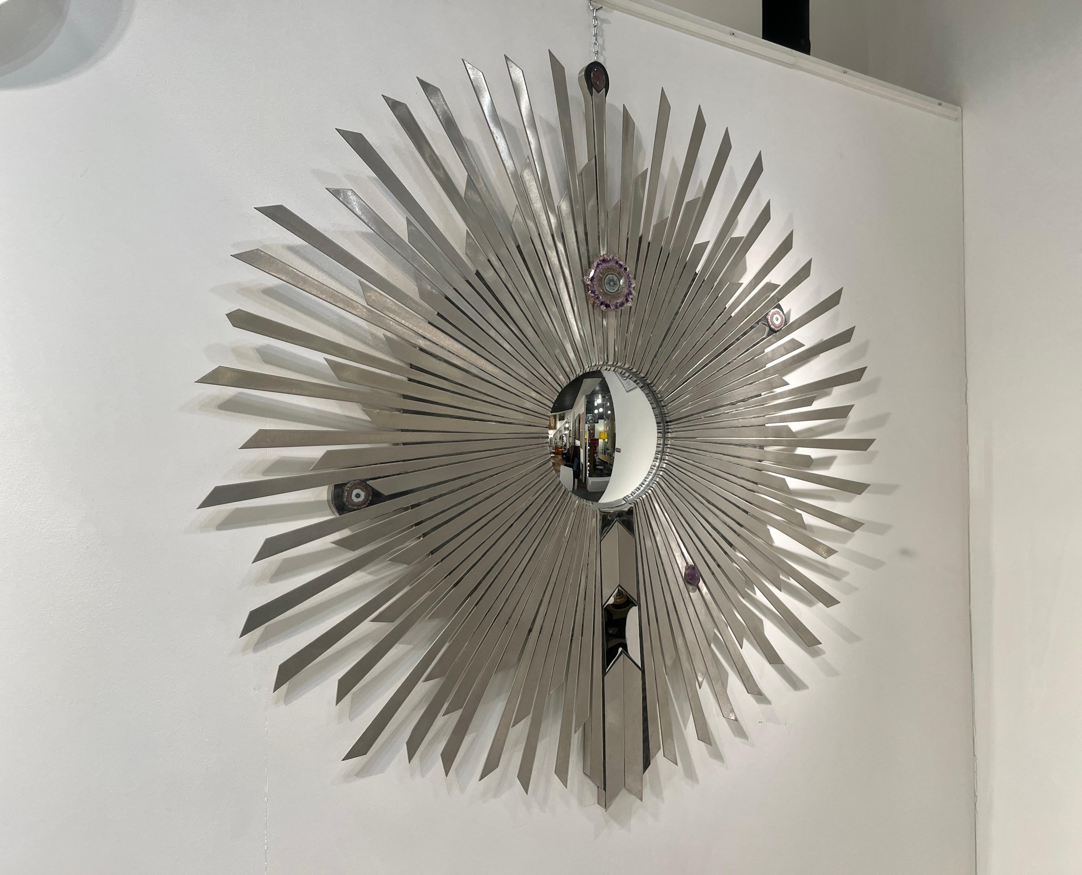 Created to measure by Stan Usel, this original Sun mirror with a convex glass in stainless steel are inserted with original Gemstones and agate stones. Exceptional craftsmanship with the art of tailor made furniture. This original and unique piece