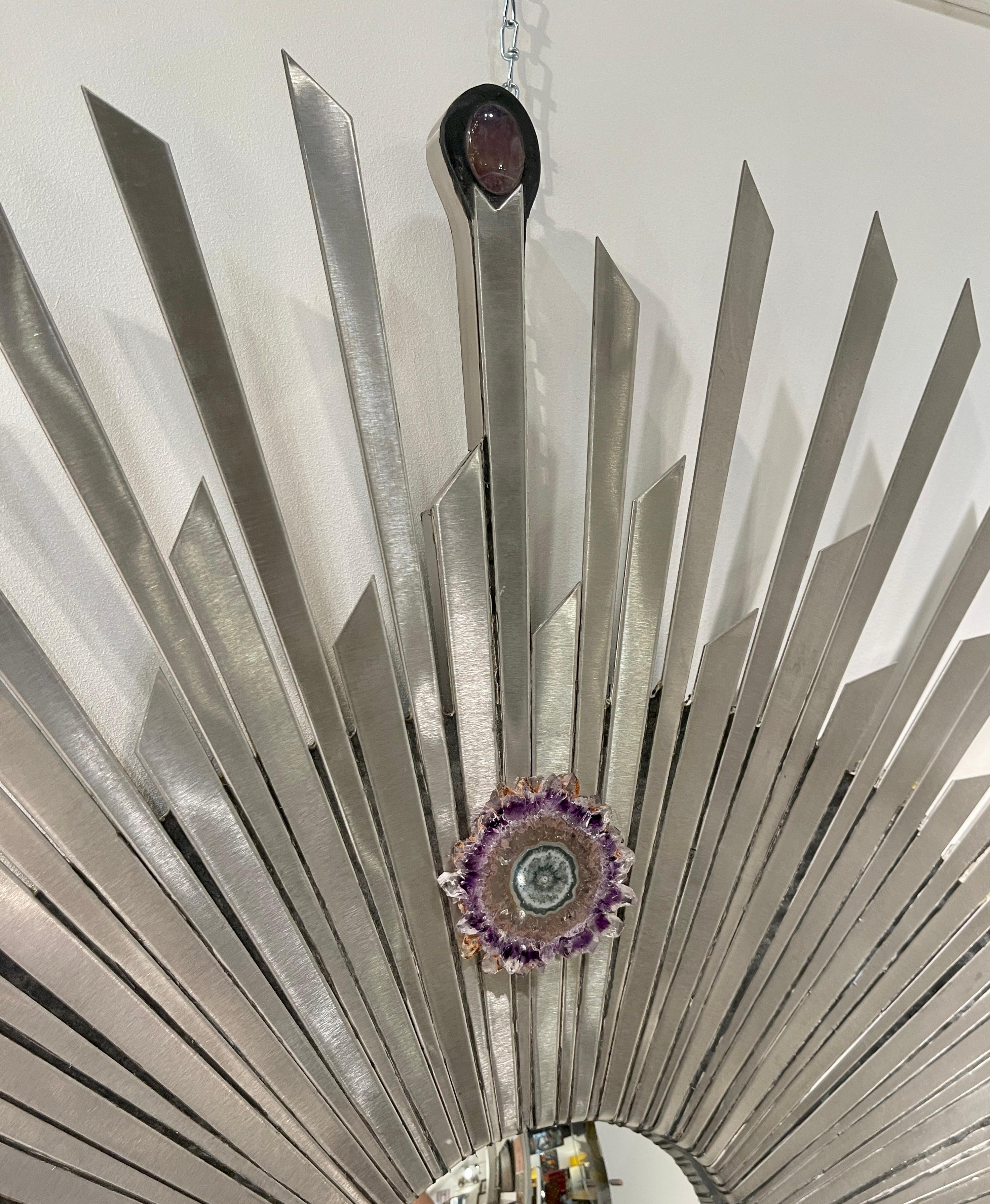Inlay Sun Mirror in Stainless Steel, Gemstone  and Agates by Stan Usel For Sale