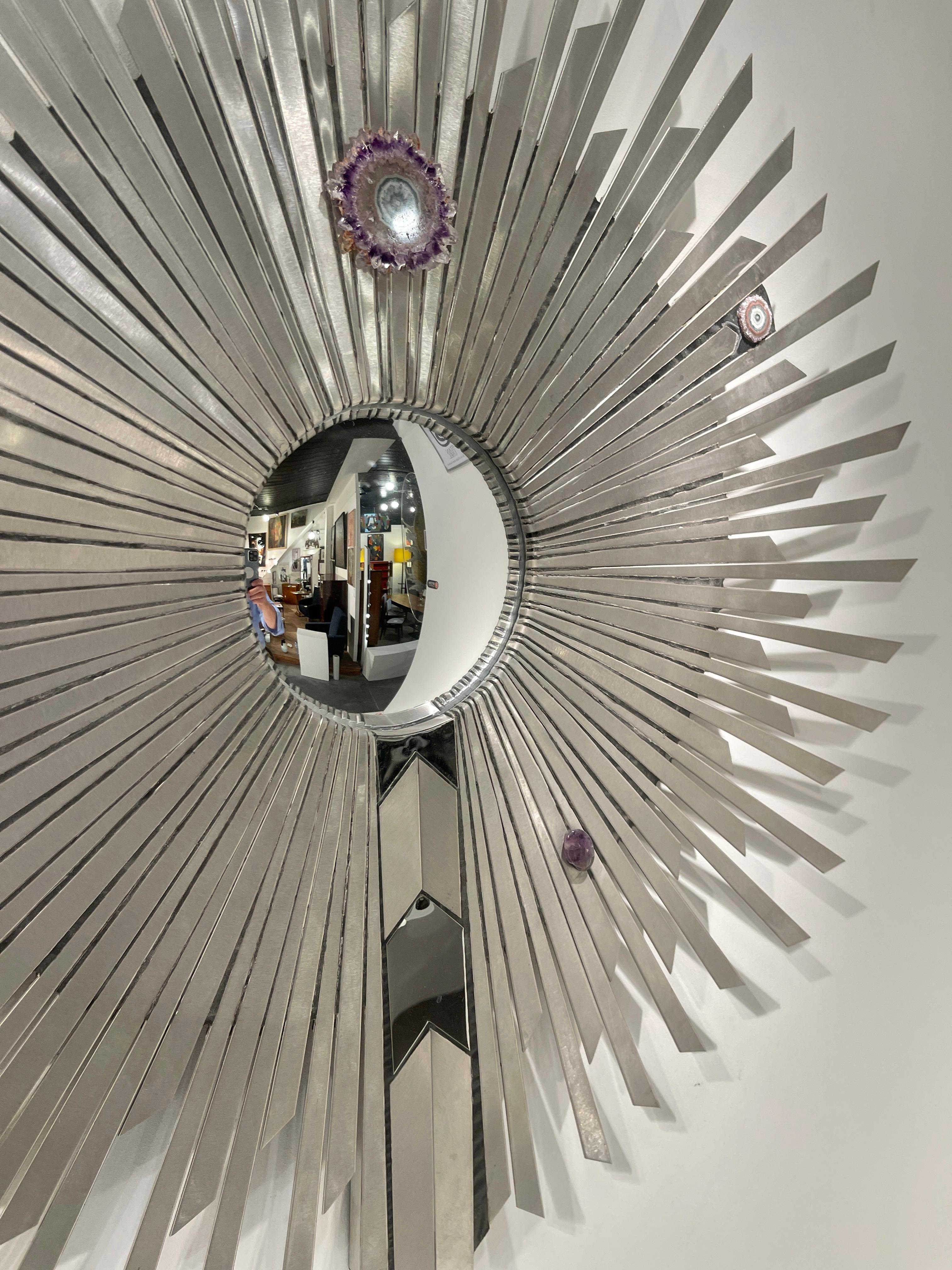 Contemporary Sun Mirror in Stainless Steel, Gemstone  and Agates by Stan Usel For Sale