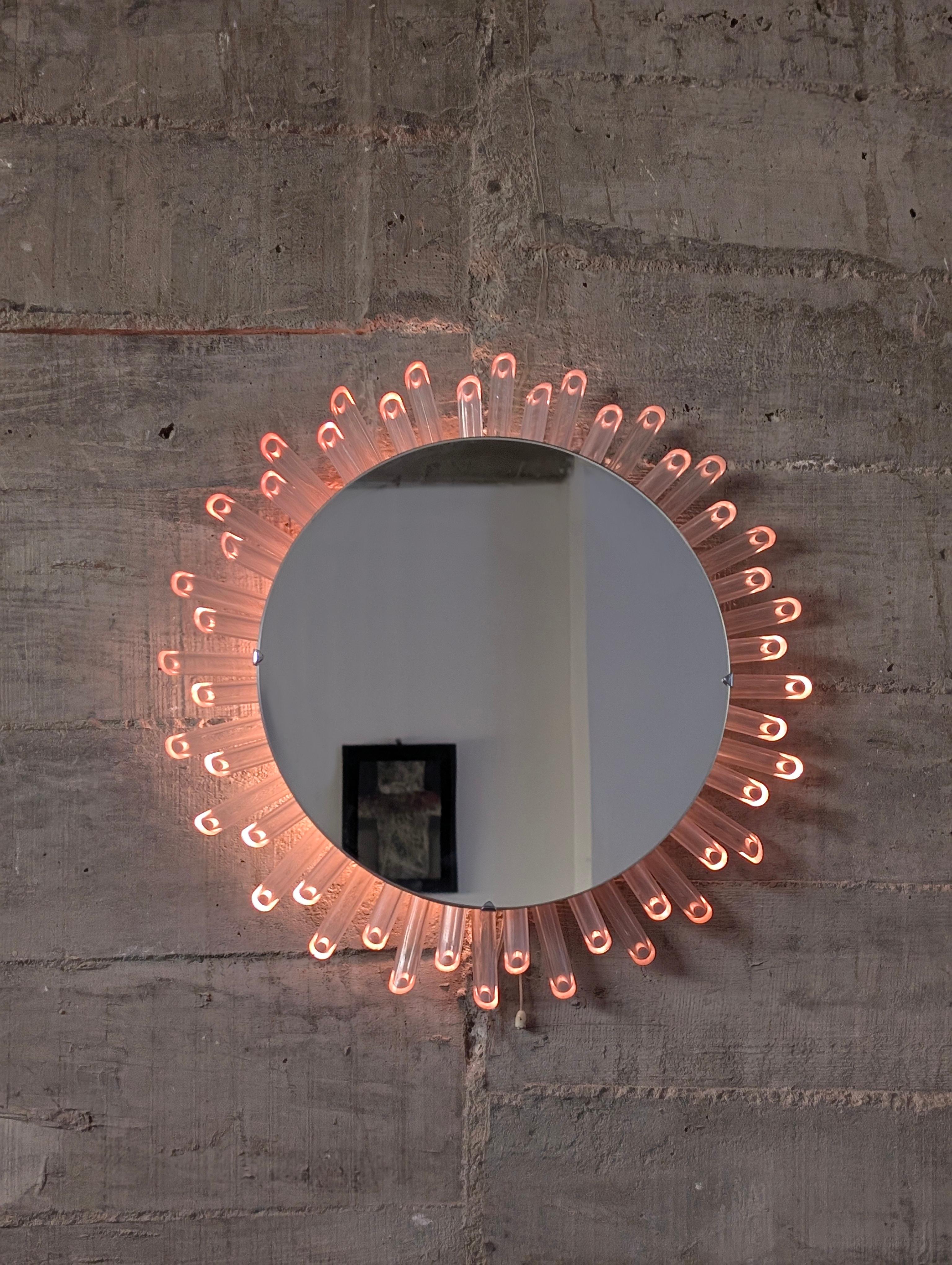 Metal Sun Mirror Lamp Pink 1970s For Sale