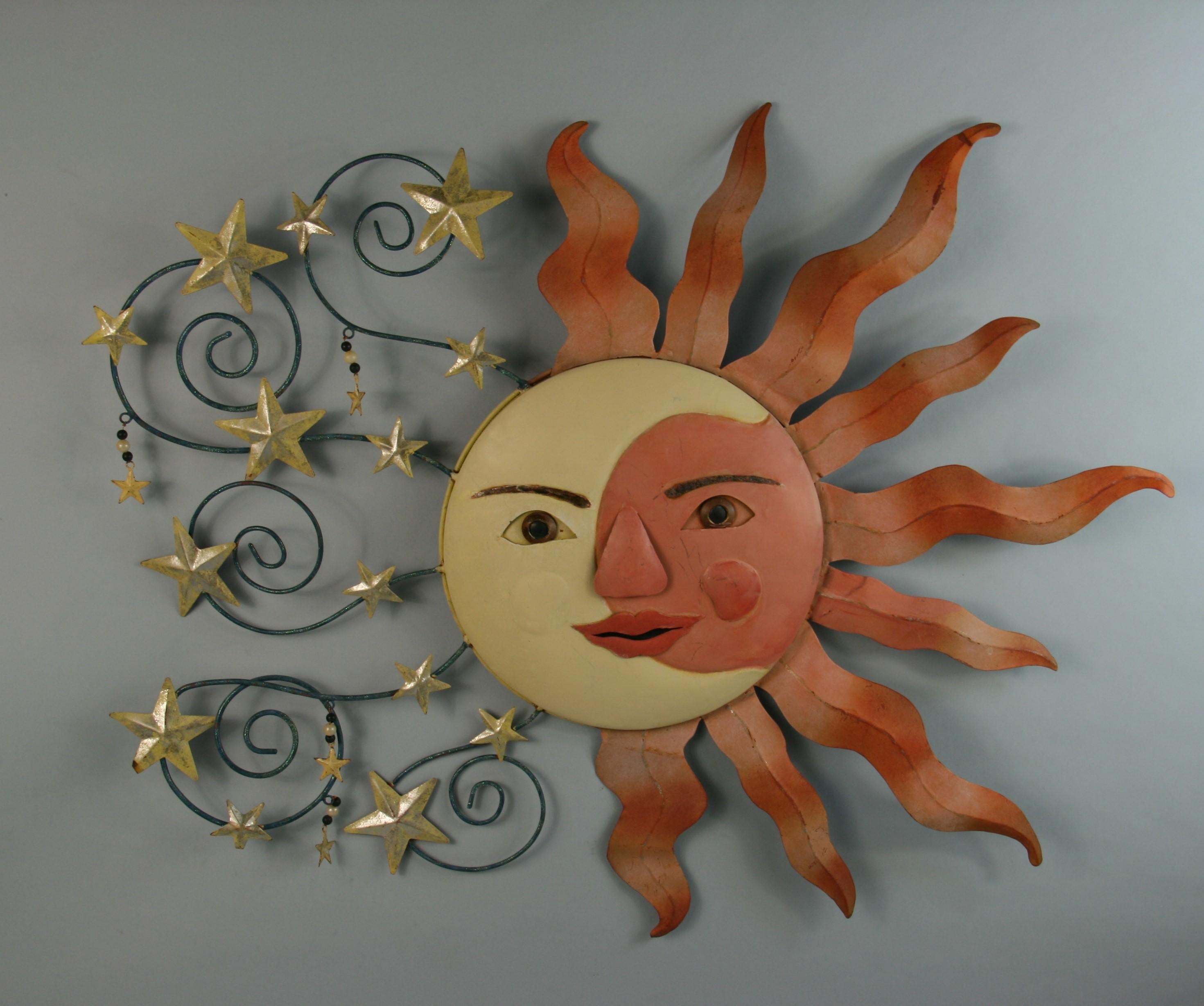 3-736 artist made metal sun moon and stars wall sculpture.