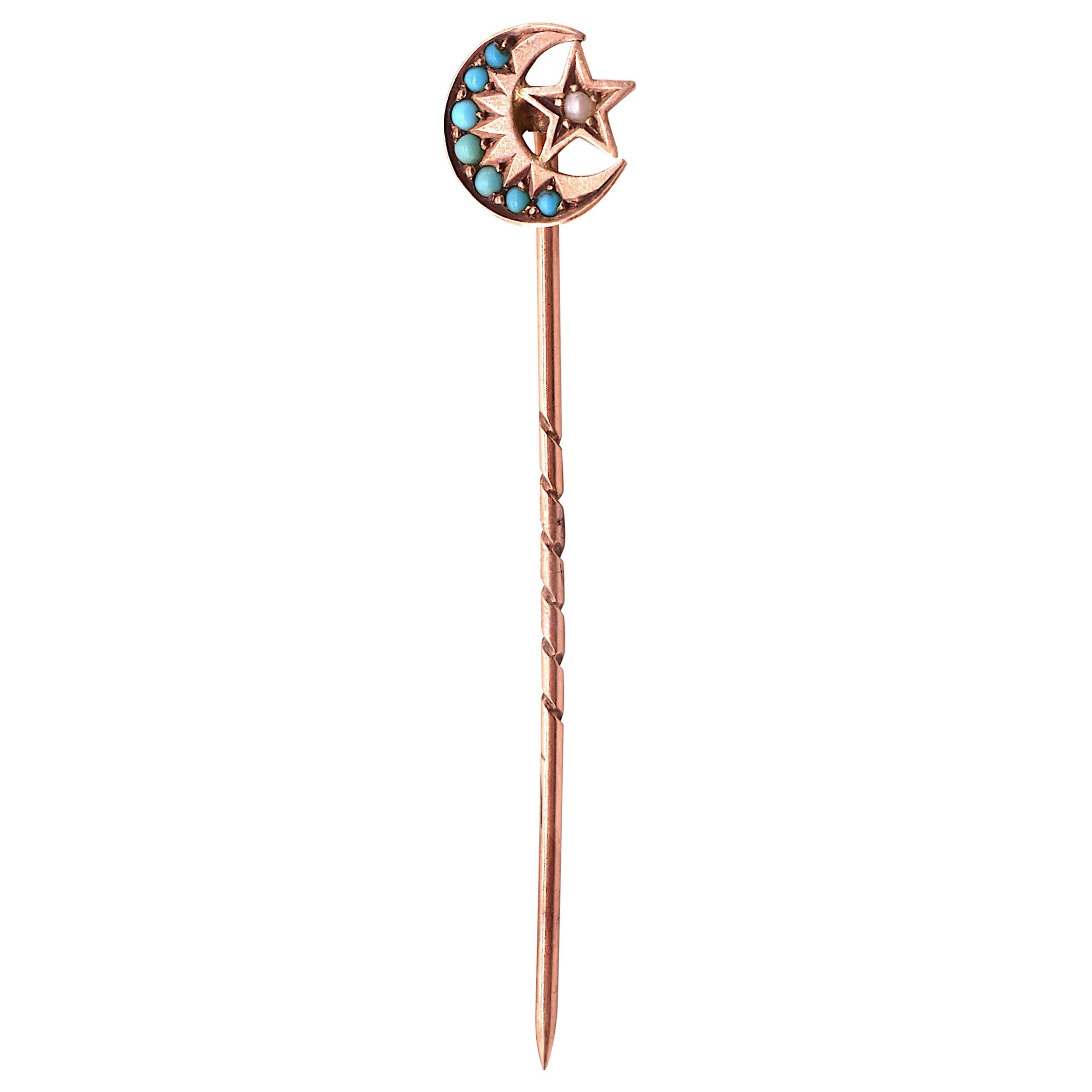Sun Moon and Star Turquoise and Pearl Stick Pin HM 1902, 9 Karat Gold