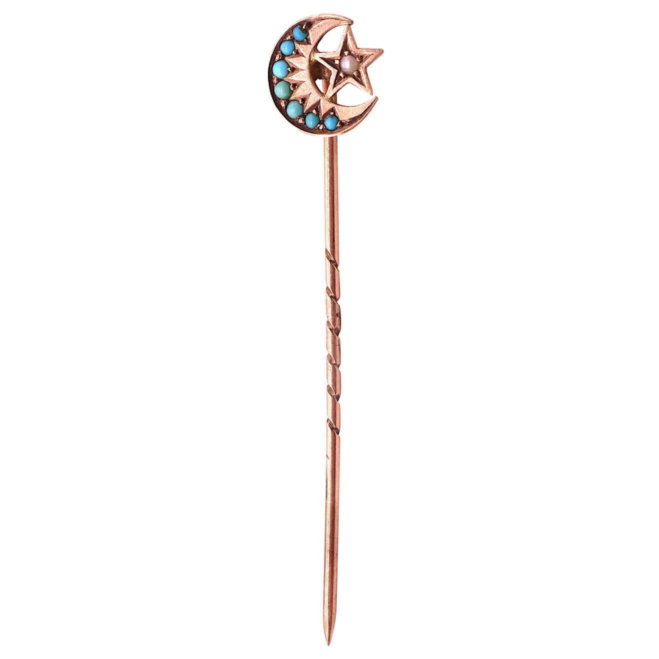 Sun Moon and Star Turquoise and Pearl Stick Pin HM 1902, 9 Karat Gold ...