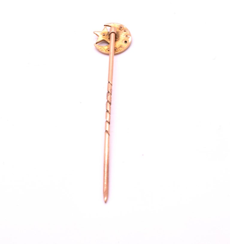 Edwardian Sun Moon and Star Turquoise and Pearl Stick Pin HM 1902, 9 Karat Gold For Sale
