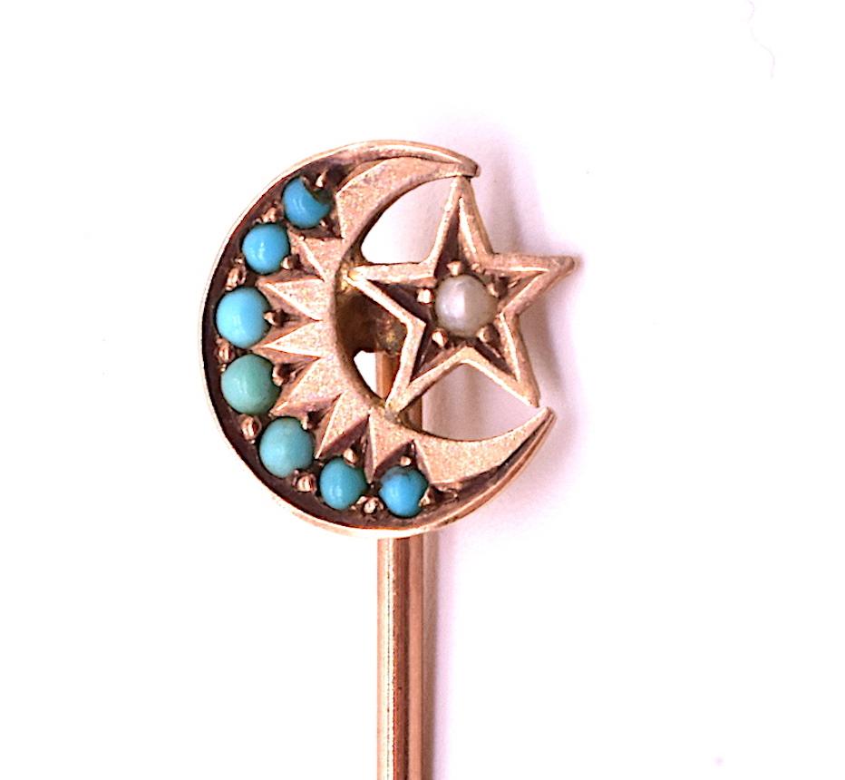Edwardian Sun Moon and Star Turquoise and Pearl Stick Pin HM 1902, 9 Karat Gold For Sale