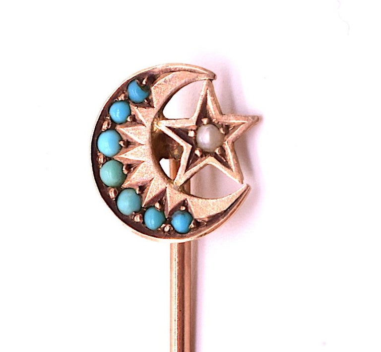Cabochon Sun Moon and Star Turquoise and Pearl Stick Pin HM 1902, 9 Karat Gold For Sale