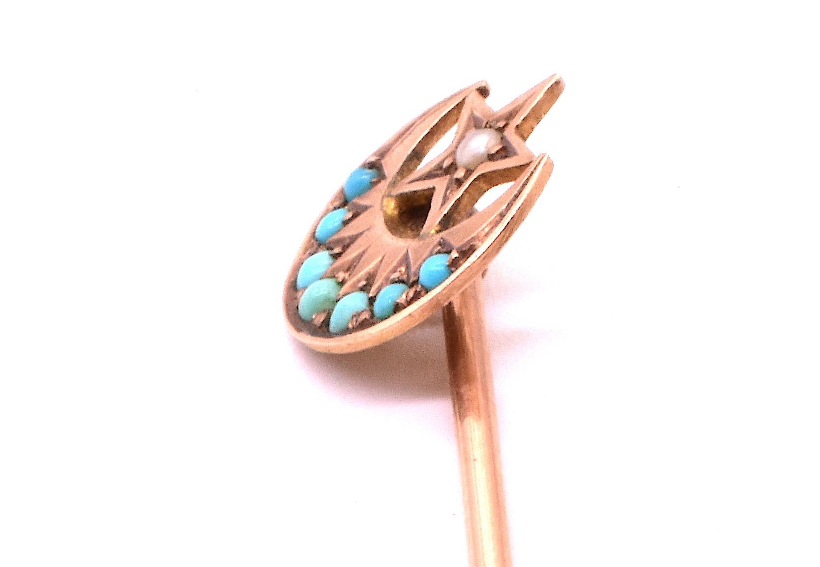 Cabochon Sun Moon and Star Turquoise and Pearl Stick Pin HM 1902, 9 Karat Gold For Sale