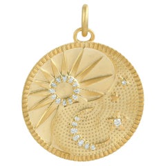 Sun, moon and Stars Pave Diamond 14k Yellow Gold Pendant
